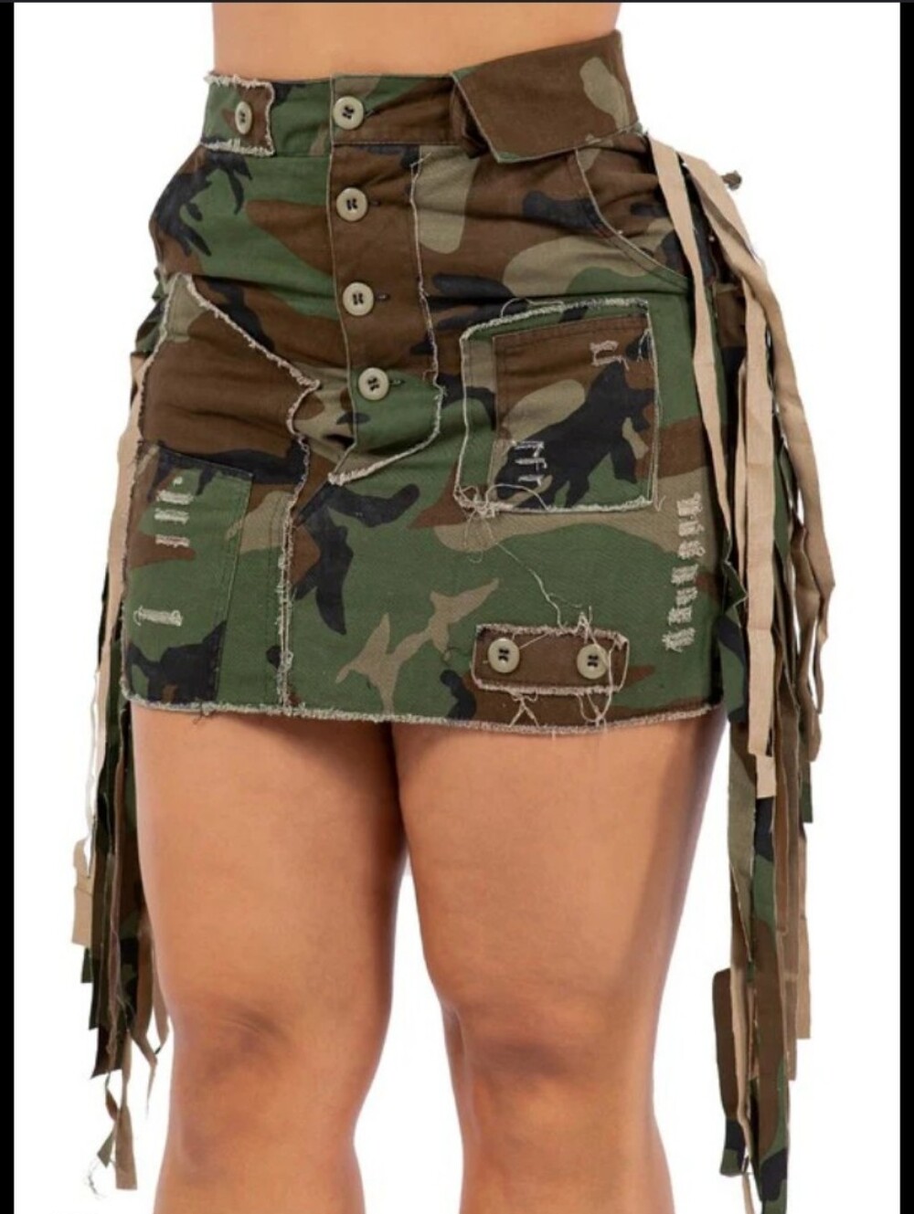NWT Micas Camo Cargo Button & Tassel Fringe Raw Edge Army Mini Skirt - Picture 9 of 10